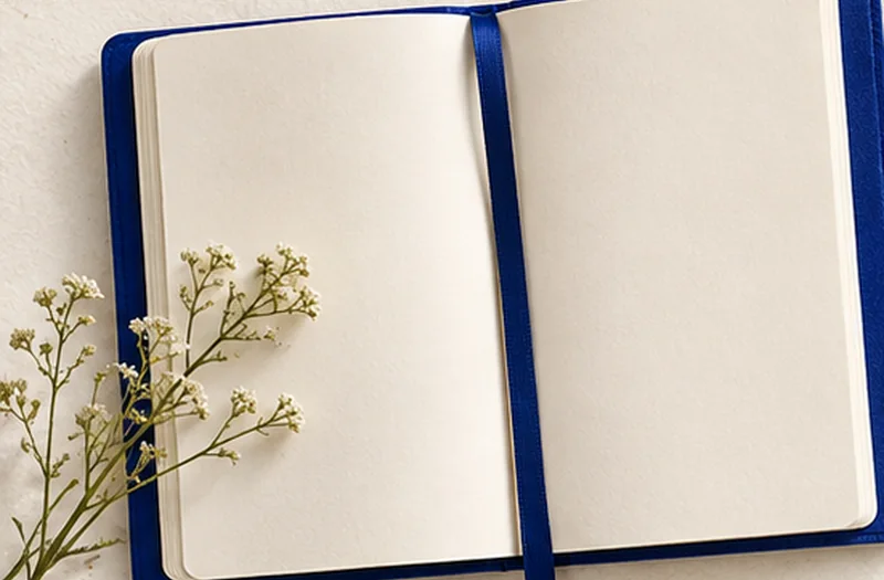 An open reflection journal with a pen, tea and quiet desk objects